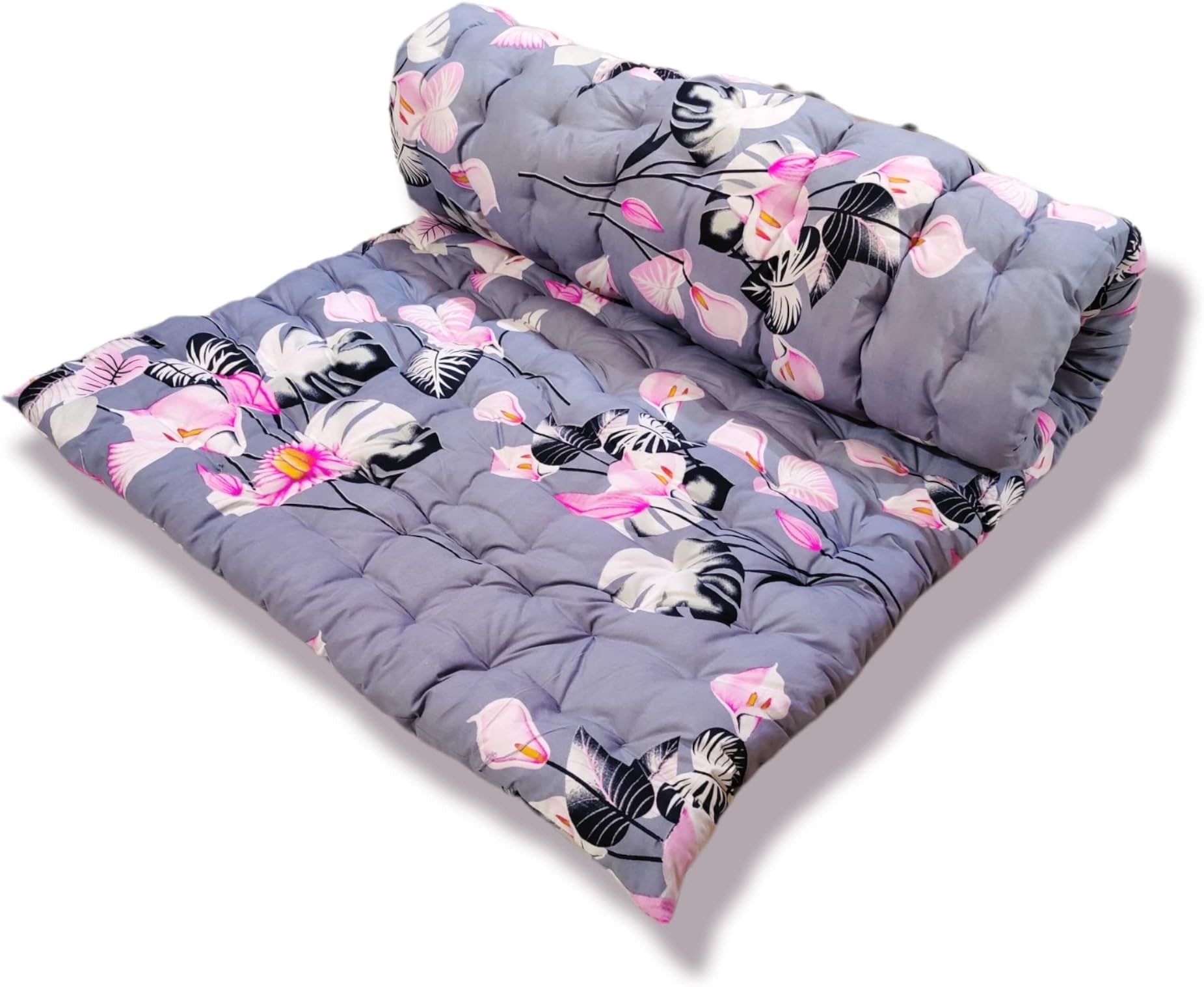 Deevine Craft Soft Cotton Quilt Mattress Foldable Movable Picnic Light Weight Filled Single Firm Mattress| Gadda (3D Design Printed, 1 Sleeping Capacity, 3 x 6 ft or 72 x 36 Inches) (Grey Pink Floral)