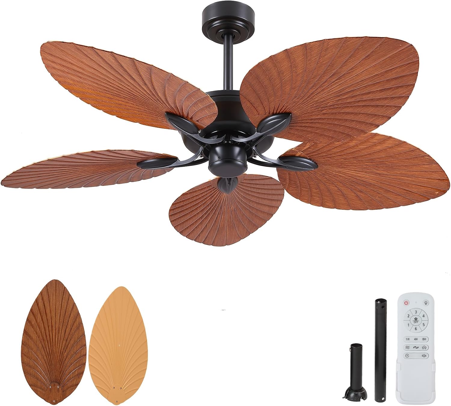 PHORUS 52" Waterproof Outdoor Palm Leaf Ceiling Fans Without Lights and Remote,Wet Rated Tropical Ceiling Fans for Patios Porch Gazebo Pergola