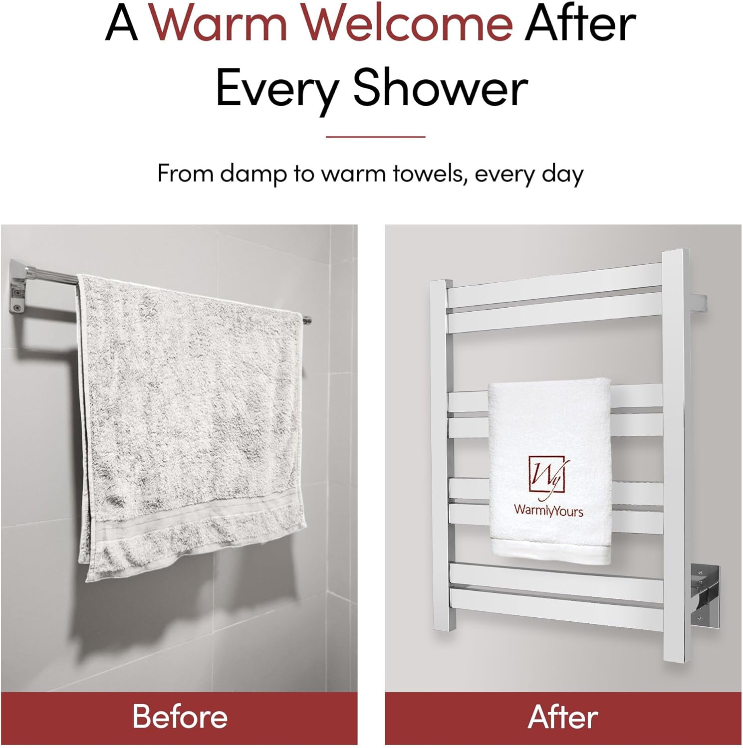 WarmlyYours Heated Towel Warmer Rack, 8-Bar, Hardwired, Integrated On/Off Switch with Light, 304-Stainless Steel (Maple)