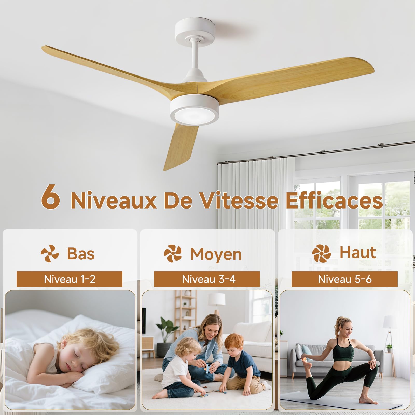 Ateroll Ventilateur Plafond Télécommande, Ventilateur de Plafond Design & Silencieux, Ø132 cm en ABS, Ventilateur Dimmable Plafonnier 6 Vitesses, Minuterie 3 Températures LED Chambre, Salon & Terrasse