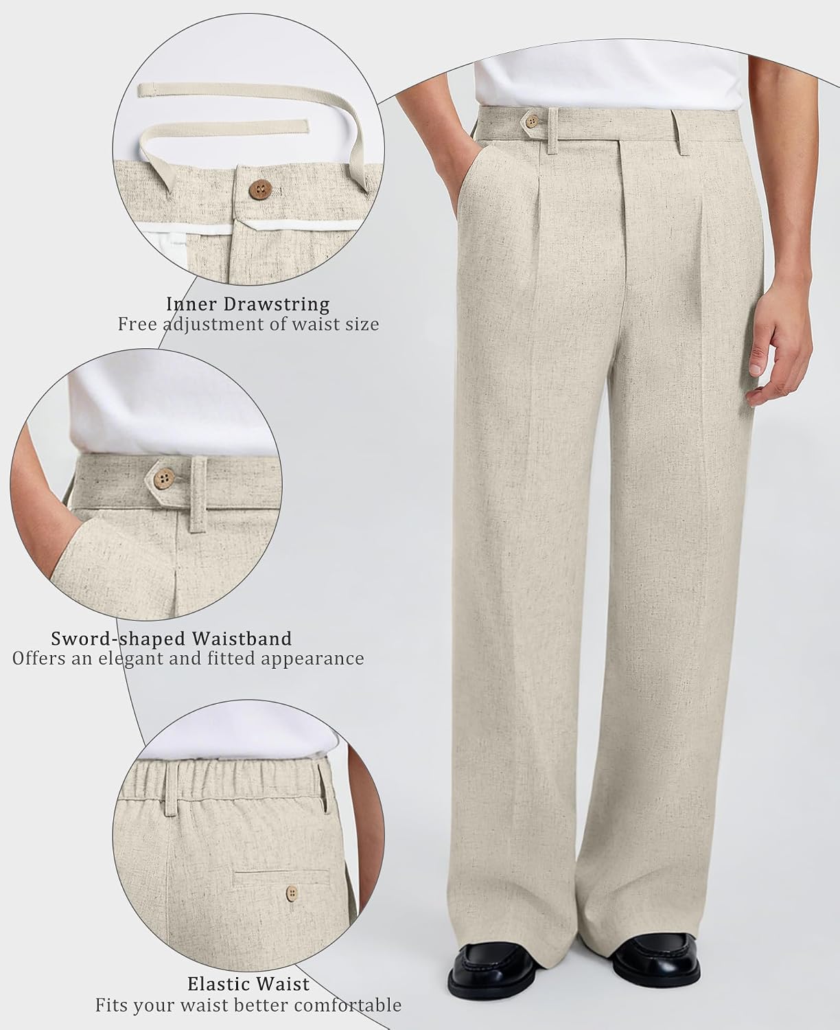 Susclude Mens Linen Casual Dress Pants Baggy Pleated Old Money Wide Leg Slacks Relaxed Fit Lightweight Work Trousers