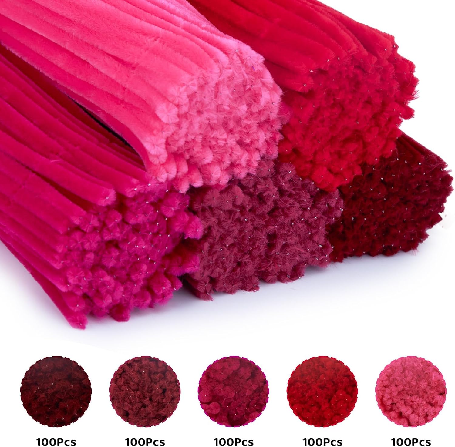 500Pcs Red Pipe Cleaners Craft Bulk, 12'' Long 0.3'' Thick Fluffy Chenille Stems Set, 5 Assorted Colors Fuzzy Sticks for DIY Art, Making Flowers & Christmas Decorations (Gradient Red)