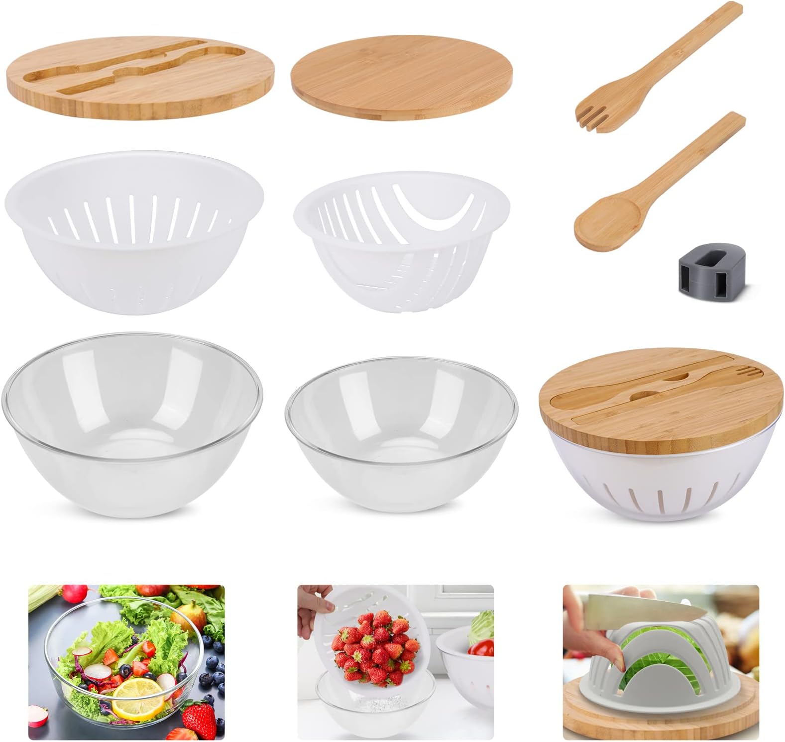 Lot De 3 Bols En Verre Avec Couvercles (4,5 QT, 2,7 QT, 1,1 QT) – Idéal Pour Salades Et Préparation