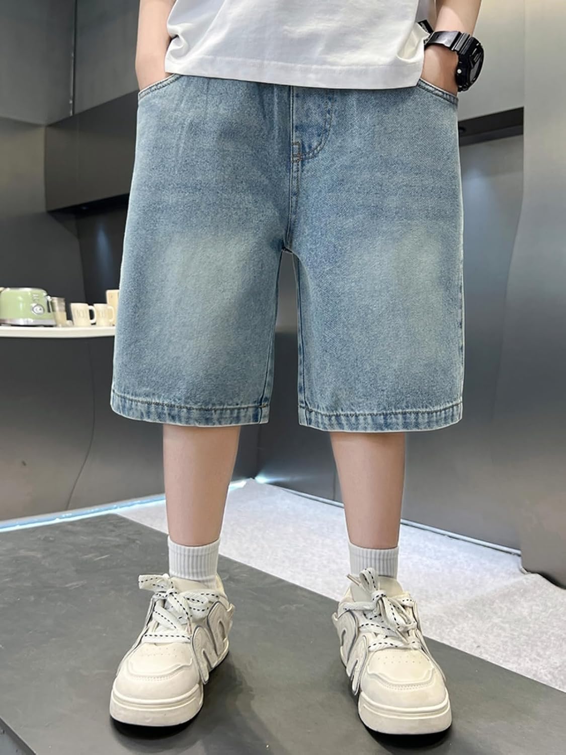 Rolanko Boys Baggy Jorts, Elastic Waist Wide Leg Jean Shorts Loose Denim Shorts with Pockets Y2K Streetwear