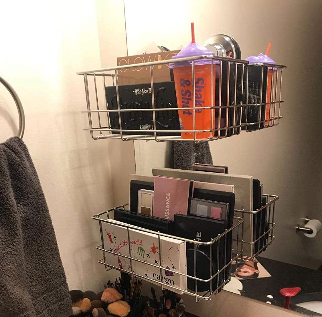 SANNO Suction Cup Shower Caddy Basket for Shampoo Combo Organizer Basket Stainless Steel Holder for Bathroom Storage，pack of 2