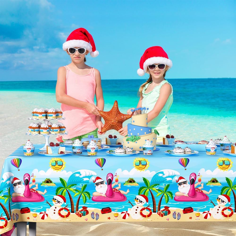 AIBIIN 3 Pack Summer Christmas Party Decorations for Summer Beach Hawaiian Santa Decorations Disposable Plastic Tablecloths Christmas July Themed Party Decorations Table Cover 54 x 108 Inch
