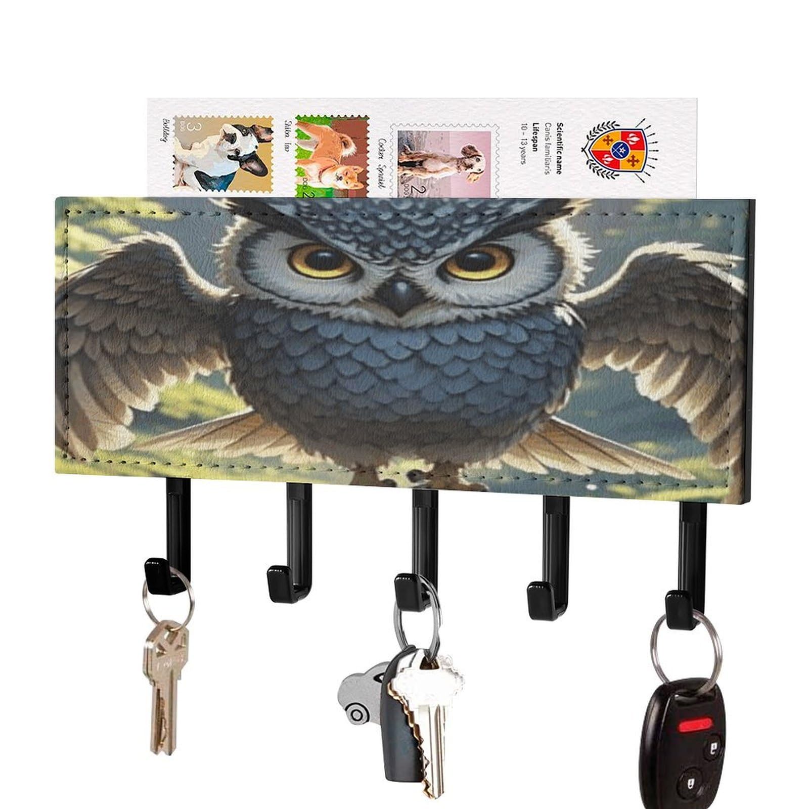FekiLoot Anime Owl Key Holder for Wall Decorative Mail Organizer with 5 Key Hook Self Adhesive Key Rack with Tray Coat Rack Wall Mount Key Hanger Decor for Entryway Door
