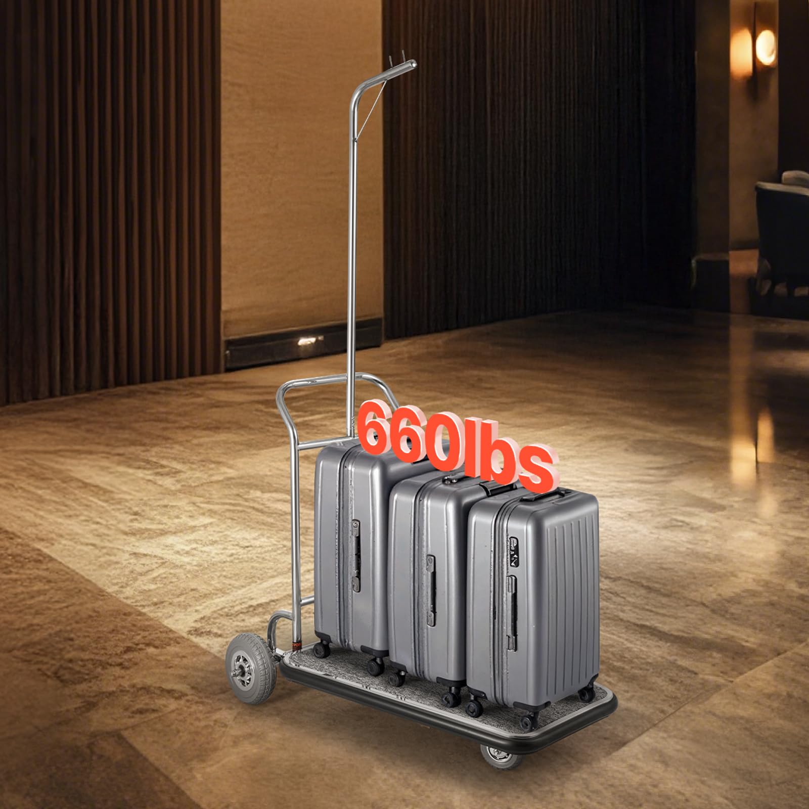 VEVOR Chariot à Bagages Hôtel, 272 kg, Chariot à Plate-forme de Concierge Finition Acier Inoxydable à 3 Roues en Caoutchouc, avec Moquette Grise, Porte-bagages pour Hôtels, Condos, Complexes Hôteliers