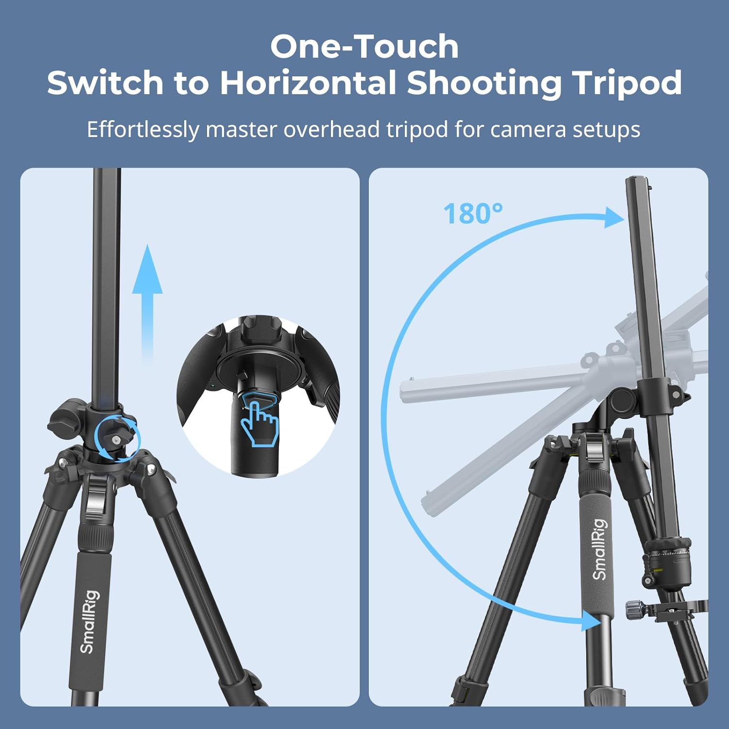 Diagram showing the one-touch mechanism to switch the tripod to horizontal shooting mode.