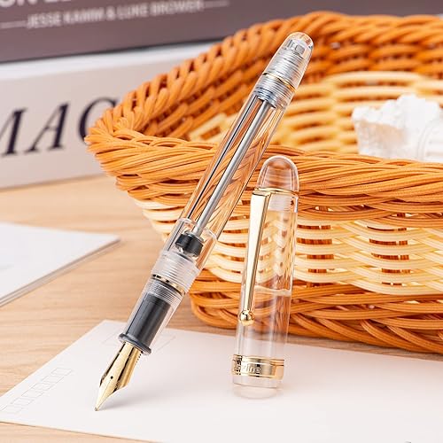 Miniatura 4 de Asvine Fuente de llenado al vacío V126 de punta fina chapada en oro, pluma demostradora transparente, gran capacidad con estuche de regalo