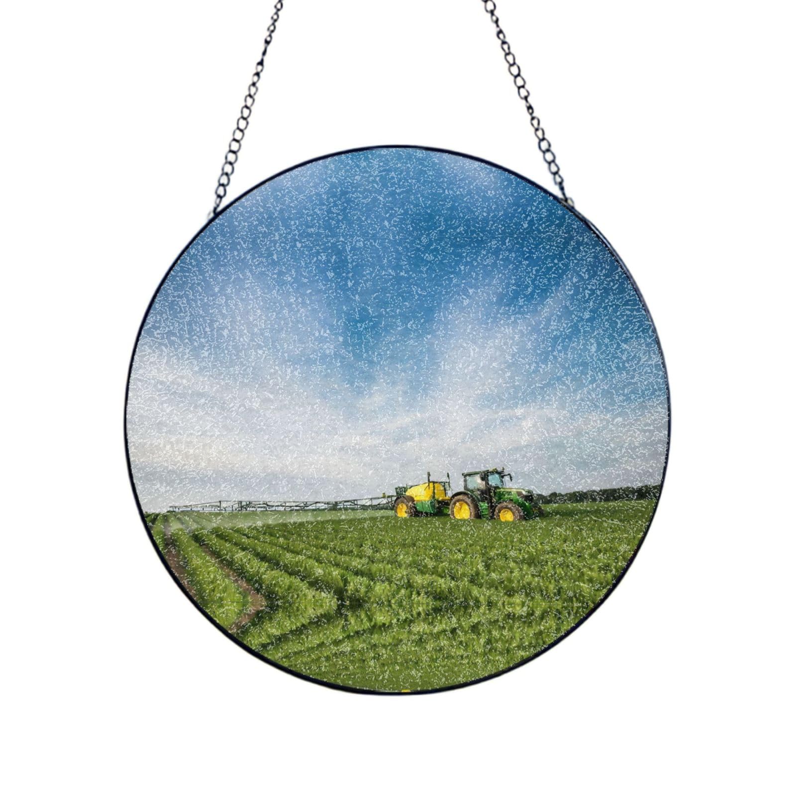Phayah Tractor Farm Print Stained Glass Window Hanging Suncatcher For Door Terrace Garden Home Decor Sun Catcher Birthday Gifts For Lovers Dad Mom 8in（20cm）
