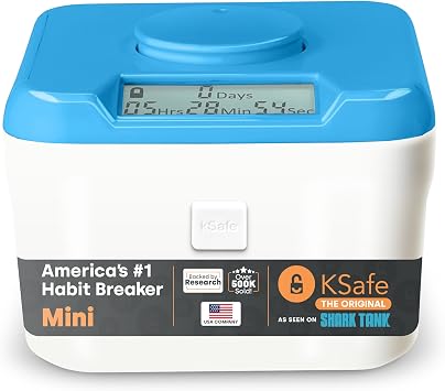 KSafe Timer Lock Box for Phone, Snack, Medicine - Cell Phone Prison & Food Safe with Timer - Time Lock Container for Better Habit and Addiction Management Mini, Blue Lid + 3" White Base