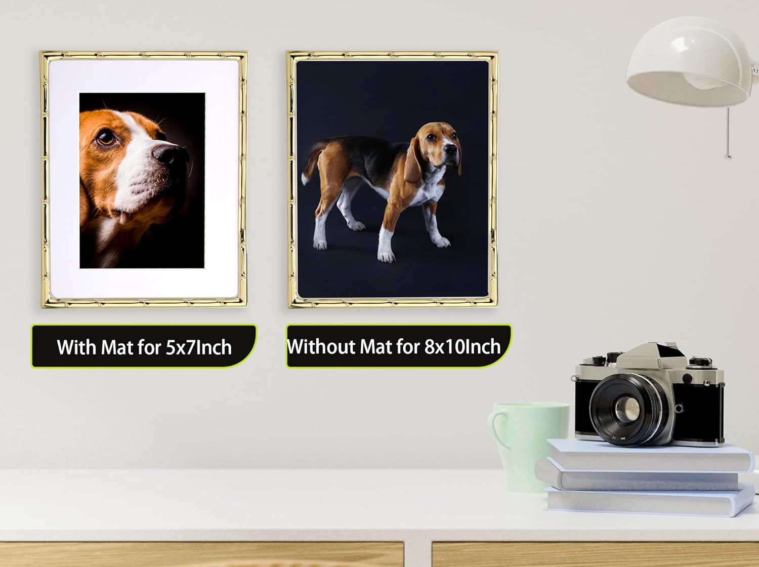 YiPinYin 8x10'' Bamboo Detail Gold Metal Picture Frame with Acid Free Mat for 5x7'' Set of 2,Elegant Narrow Plated Photo Frames 5x7'' With Velvet Backing for Desktop and Wall Décor