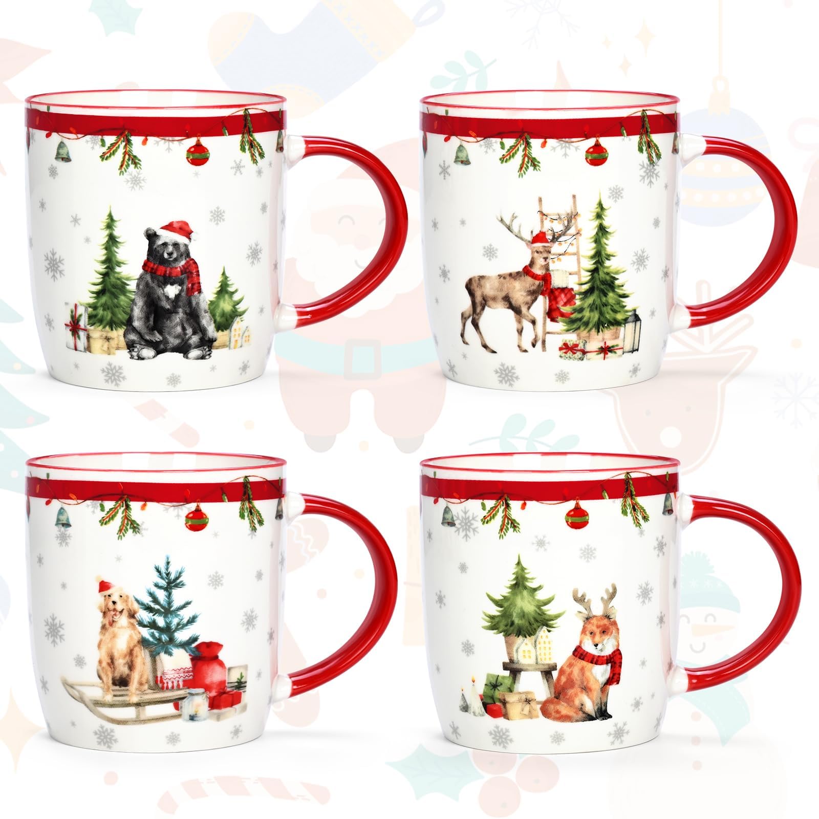 Joymaking Juego de 4 tazas de Navidad, juego de tazas de café navideñas, regalo de Navidad para mujeres y amigos, tazas de Navidad con diseño festivo, tazas de Navidad para vino caliente de cacao