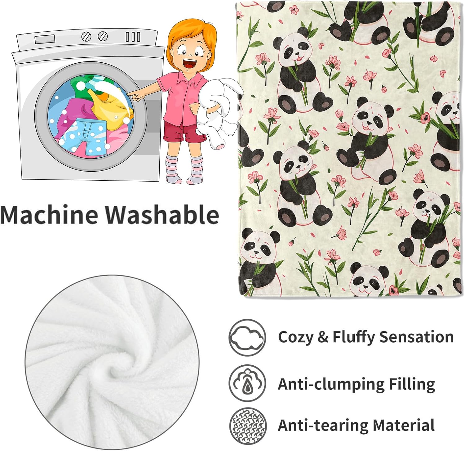 Cartoon Panda Blanket Cute Animal and Floral Flower Throw Blankets,Birthday Gifts for Kids & Animal Lovers,Lightweight Soft Fleece for Sofa Couch Bed Room Travel Farmhouse Decor 50x60in - Image 4