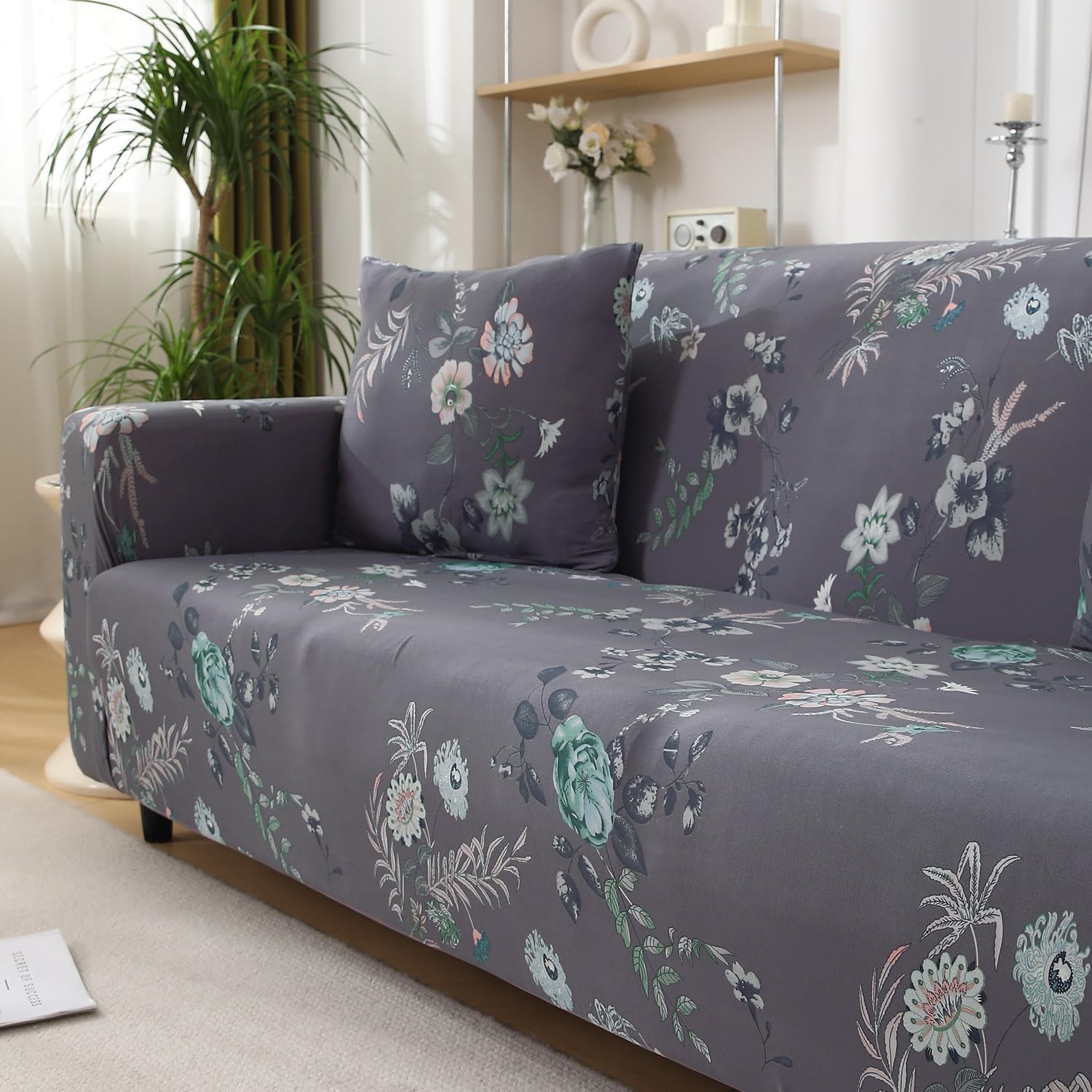 HOKIPO 4 Seater Sofa Cover - Grey Floral -8 HOKIPO 4 Seater Sofa Cover - Grey Floral -8