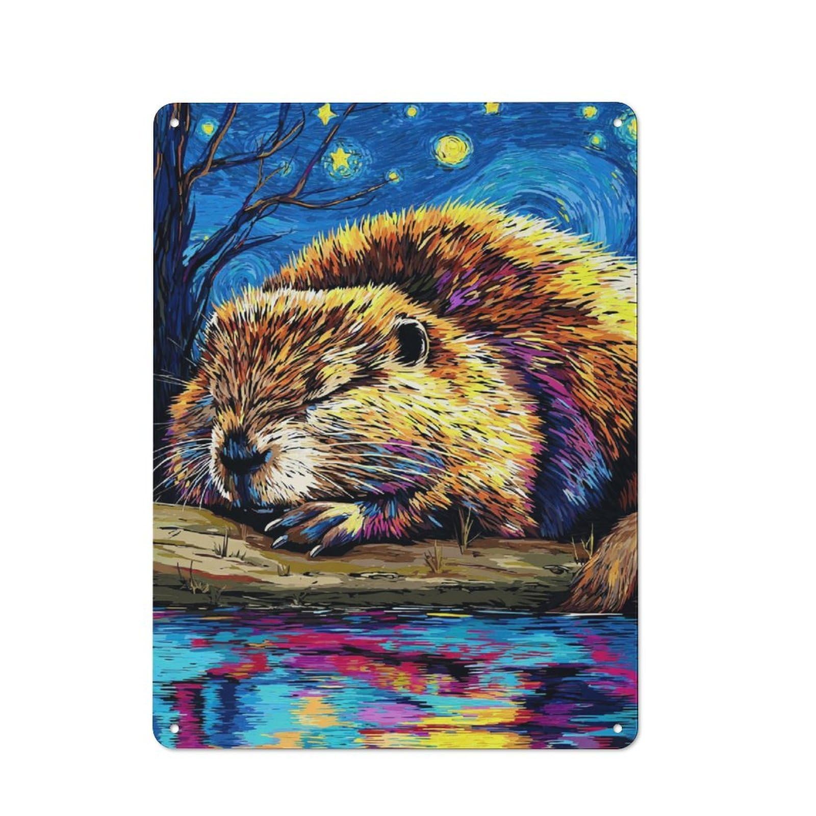 Junmoney Colorful Beaver By The Water Vintage Metal Sign 40X30cm For Lounge Or Reading Corner, For Garage, Workshop And Man Cave Decoration