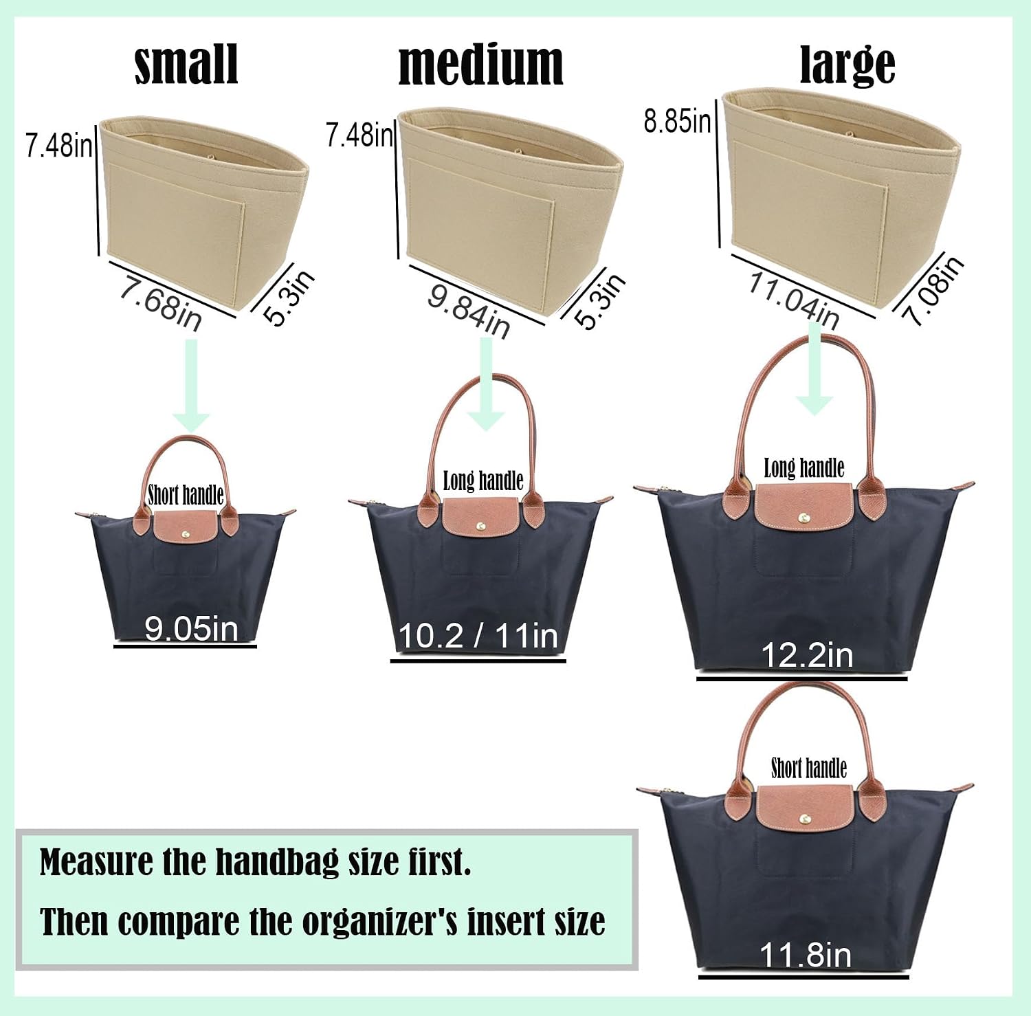 Lckaey Purse Organizer Insert for Longchamp Le Pliage, Premium Felt with 9 Compartments, Water Bottle Slot & Metal Zipper 1028beige-S