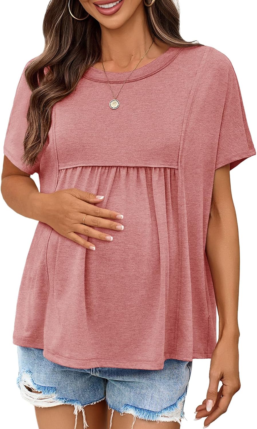 Tankaneo Womens Maternity Tops Summer Batwing Short Sleeve Casual T Shirts Oversized Pleated Pregnancy Clothes