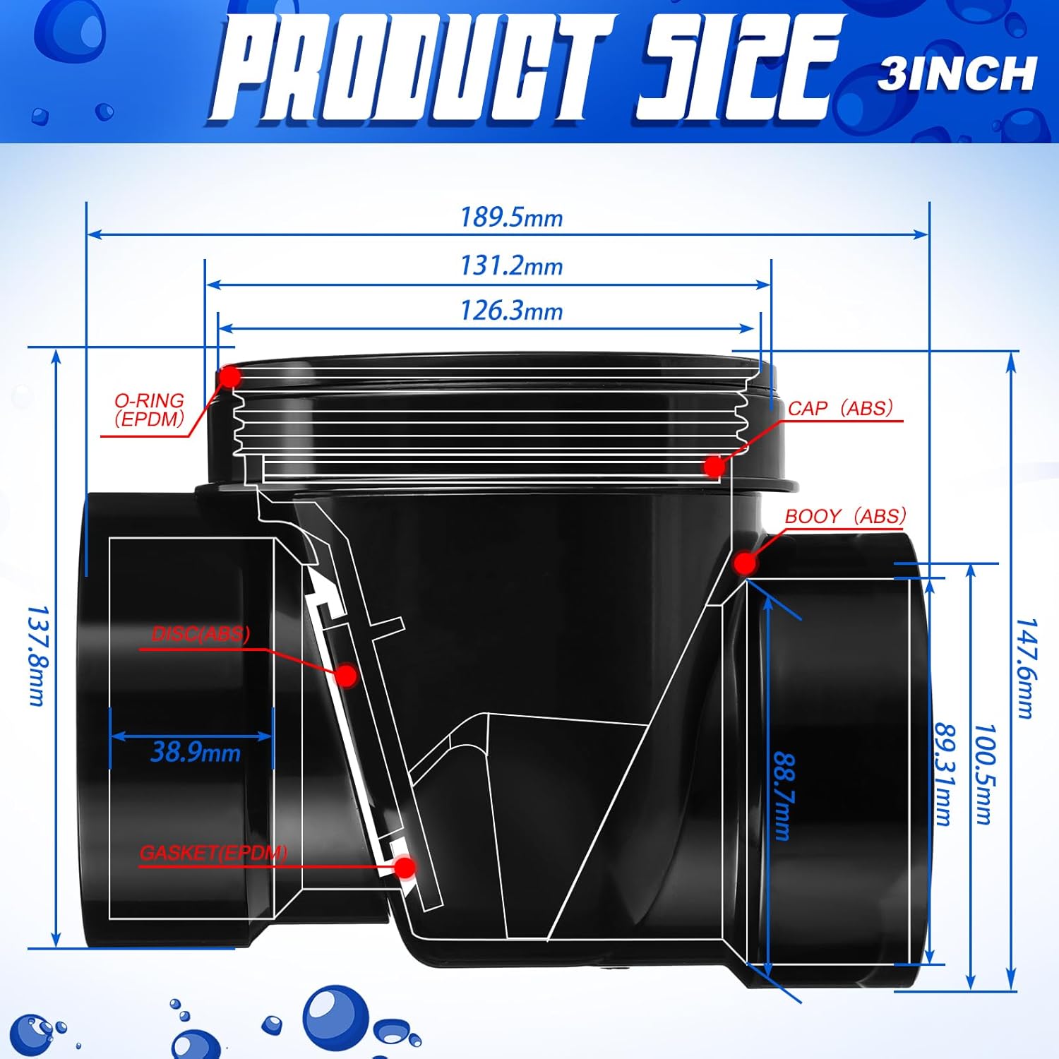 Tondiamo 3 Inch Backwater Valve Drain Backflow Preventer Valve Prevent Sewage and Rainwater from Flowing Back(Black ABS)