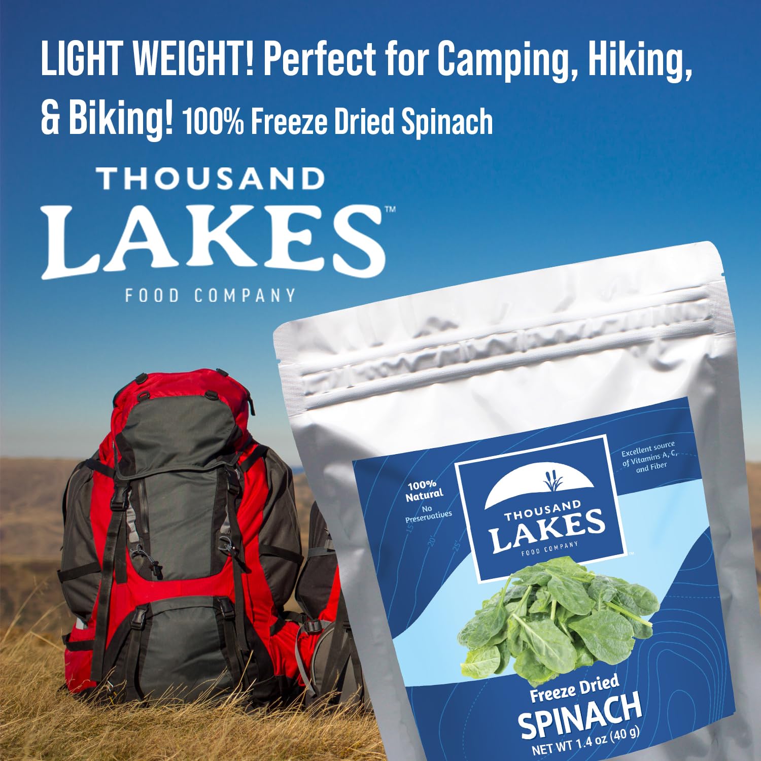 Thousand Lakes Freeze Dried Vegetables - Spinach 2-pack 1.4 ounces (2.8 ounces total) | 100% Veggies | Nothing Added | Excellent Source of Iron