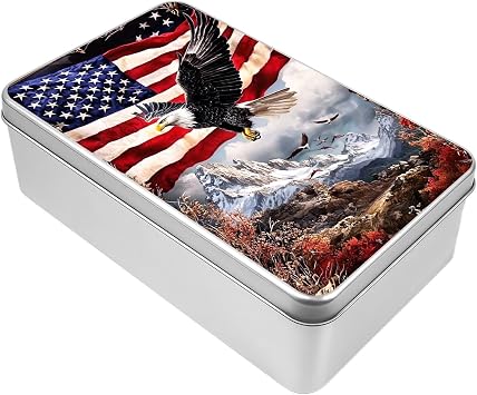 Medium Metal Tin Box Container Lid,American Flag Eagle