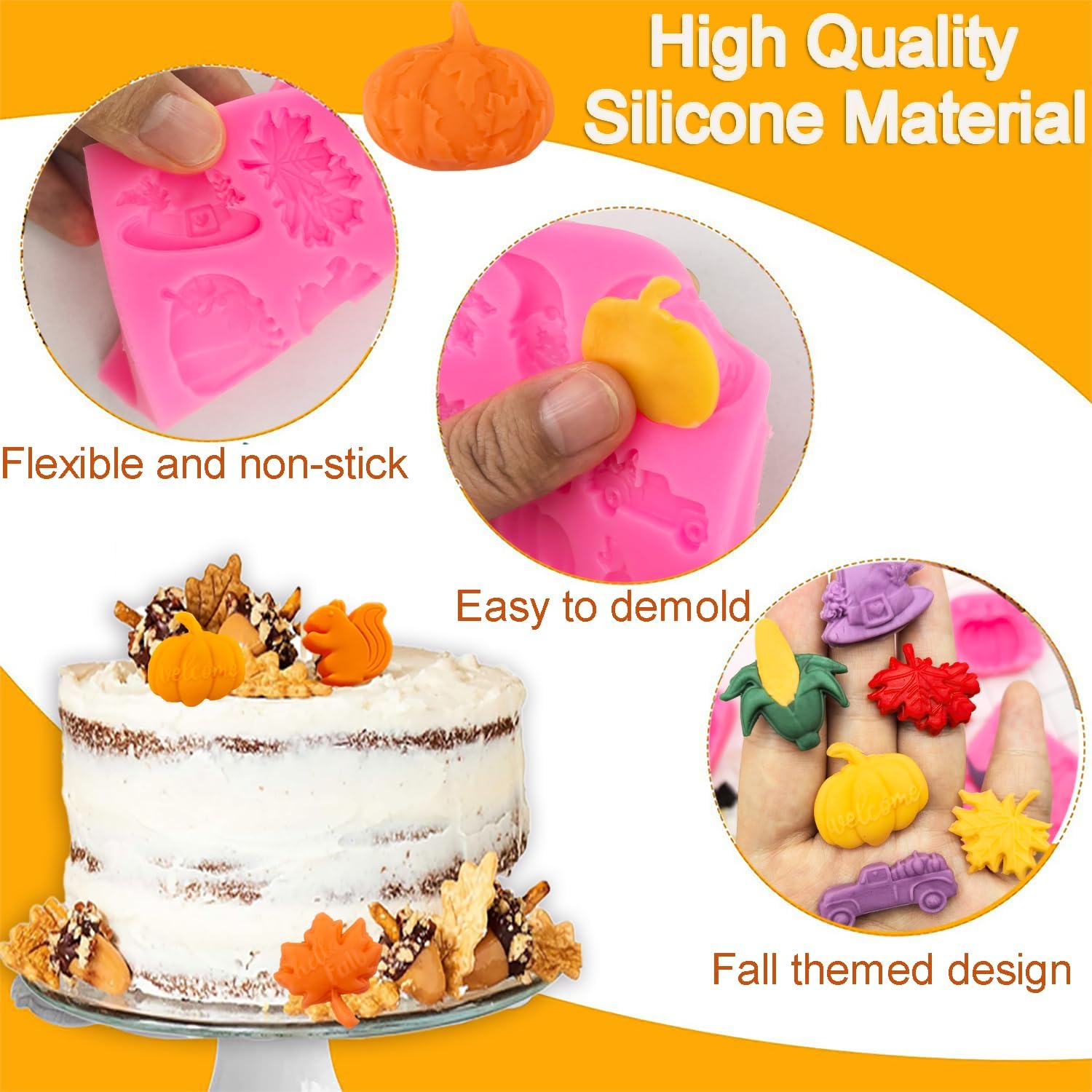 5Pcs Fall Thanksgiving Silicone Pumpkin Maple Leaves Fondant Mini 3D Pumpkin Autumn Chocolate Candy Cake Baking Molds for Cupcake Cookie Cake Decoration