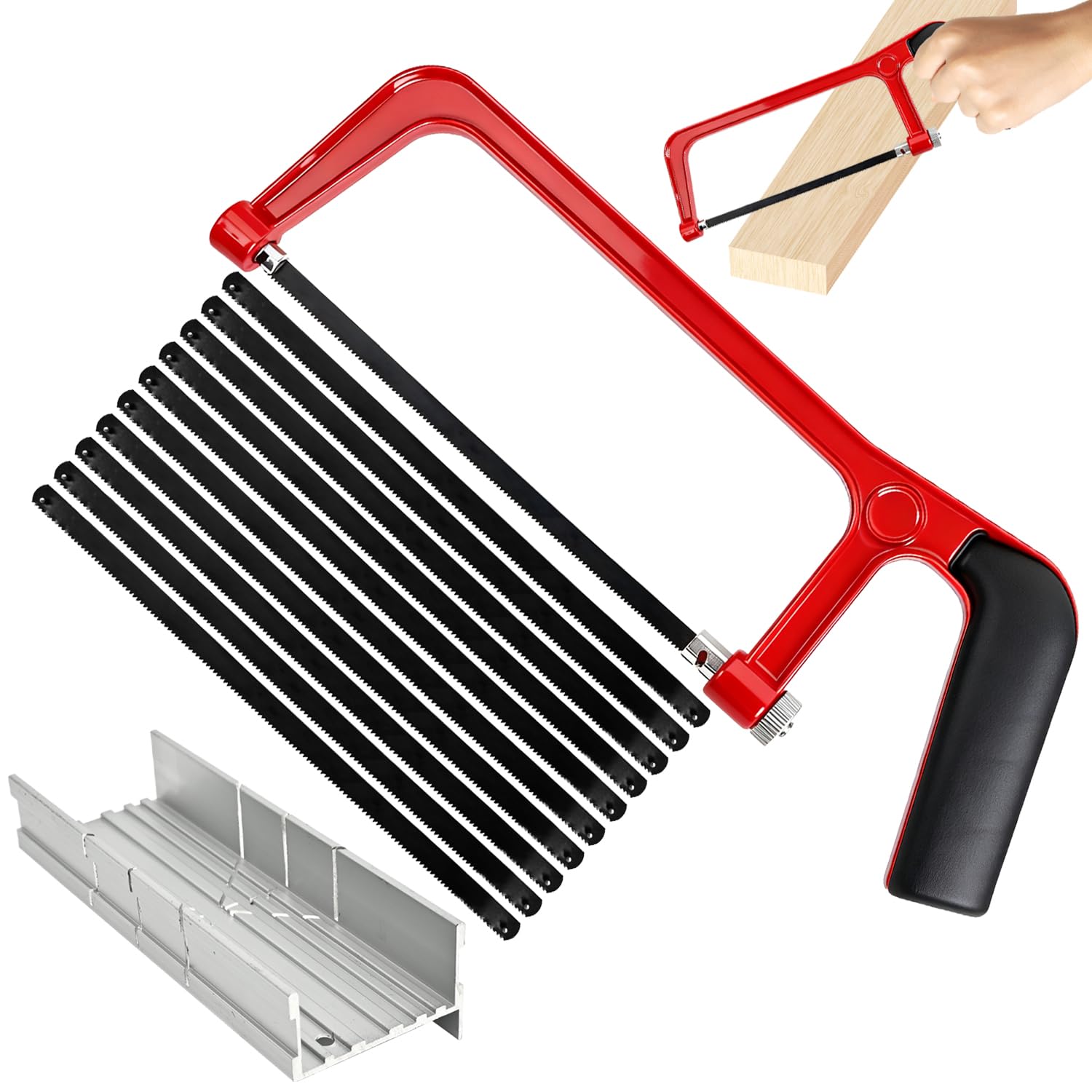Kit de Sierra de Metal 12 pcs con Caja de Ingletes & 10 Hojas Bi-Metal, Marco Ajustable, Sierra de Mano para Cortar PVC, Azulejos, Reparaciones & DIY - Herramientas Manuales