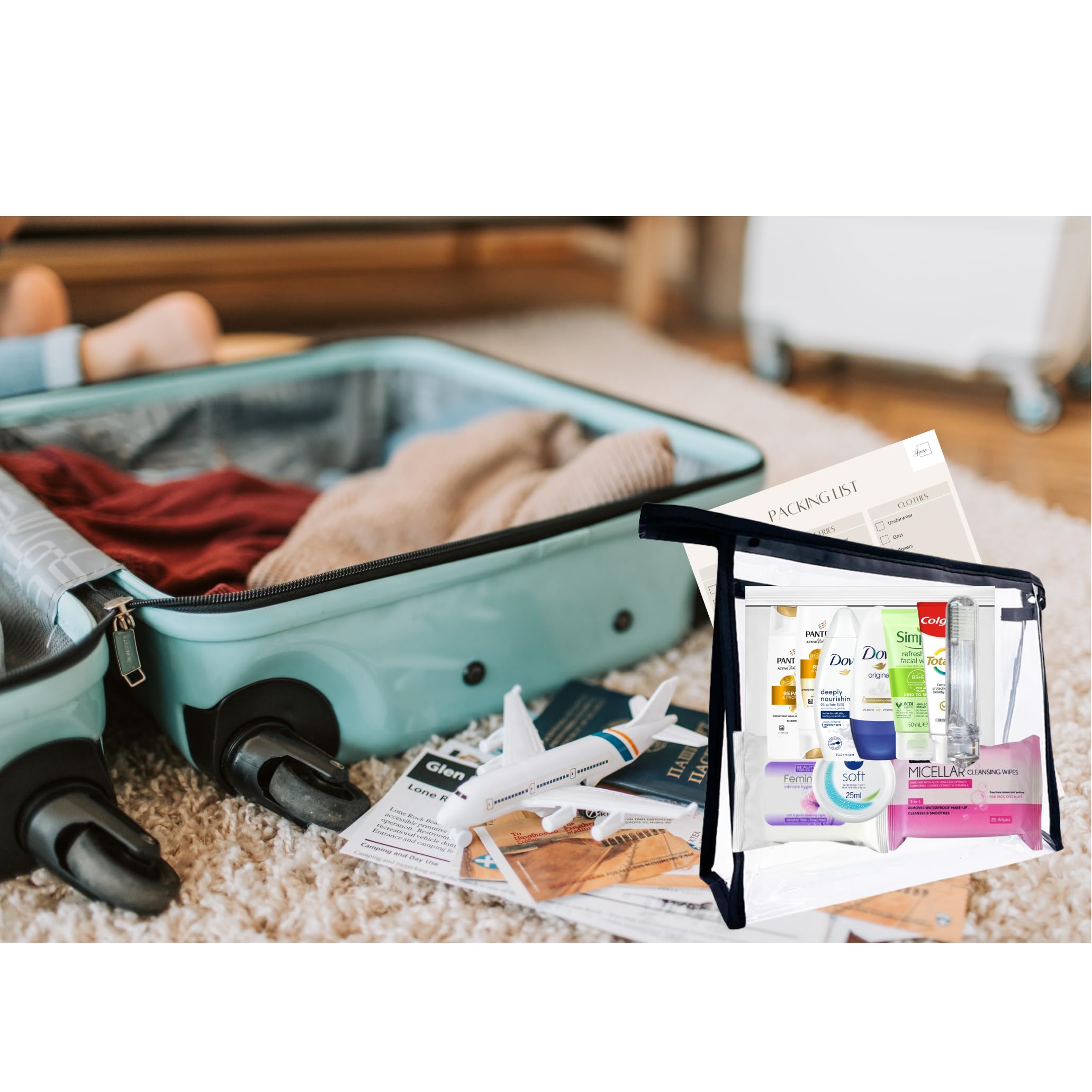 Set di articoli da toeletta da viaggio per donna, da viaggio, per viaggi, ospedale, durante il soggiorno notturno, Trasparente, Borsa da toilette da viaggio
