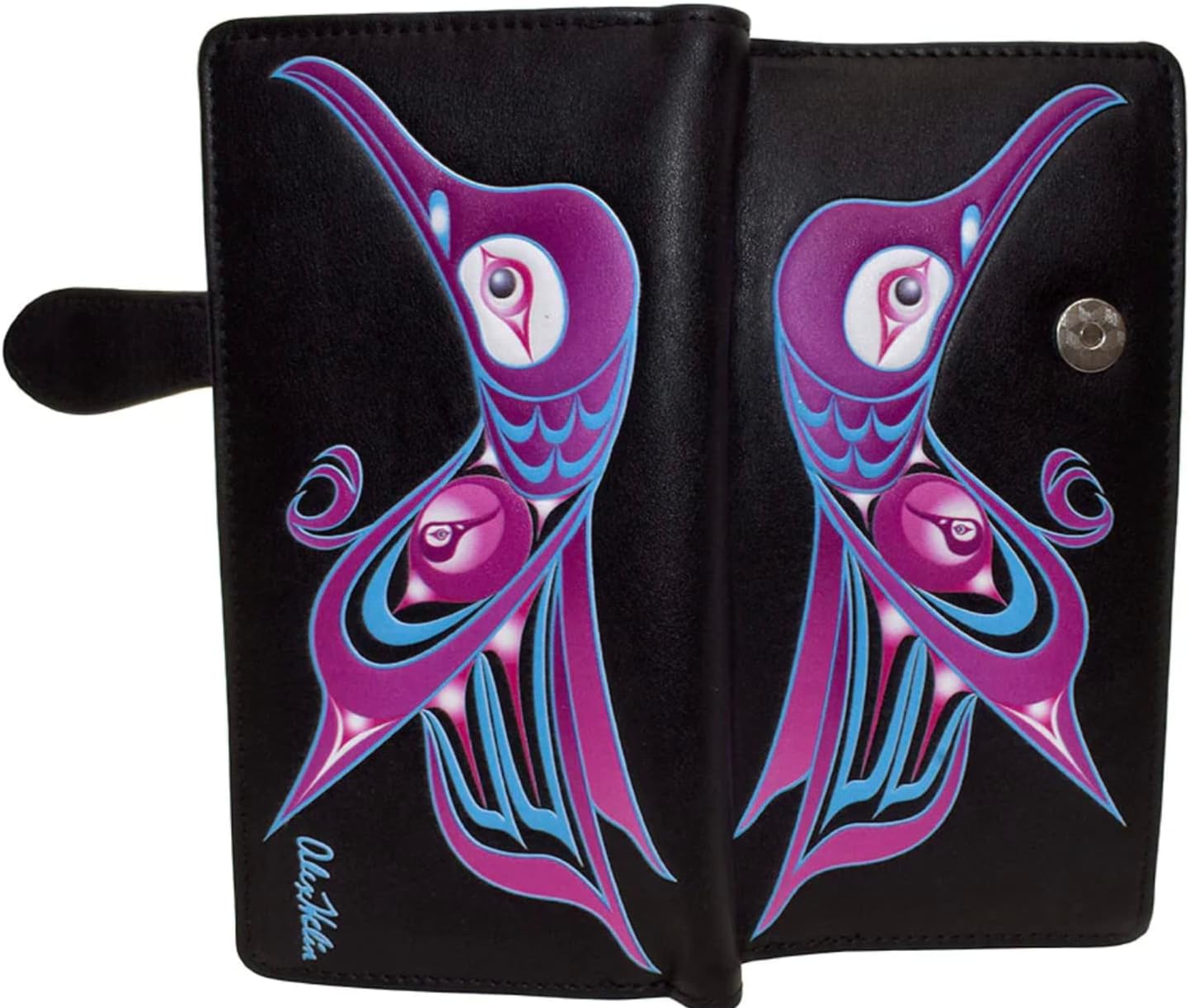 Shag Wear Hummingbird Large Bird Wallet for Women and Teen Girls by Alex Helin Designer Vegan Faux Leather 7" Black
