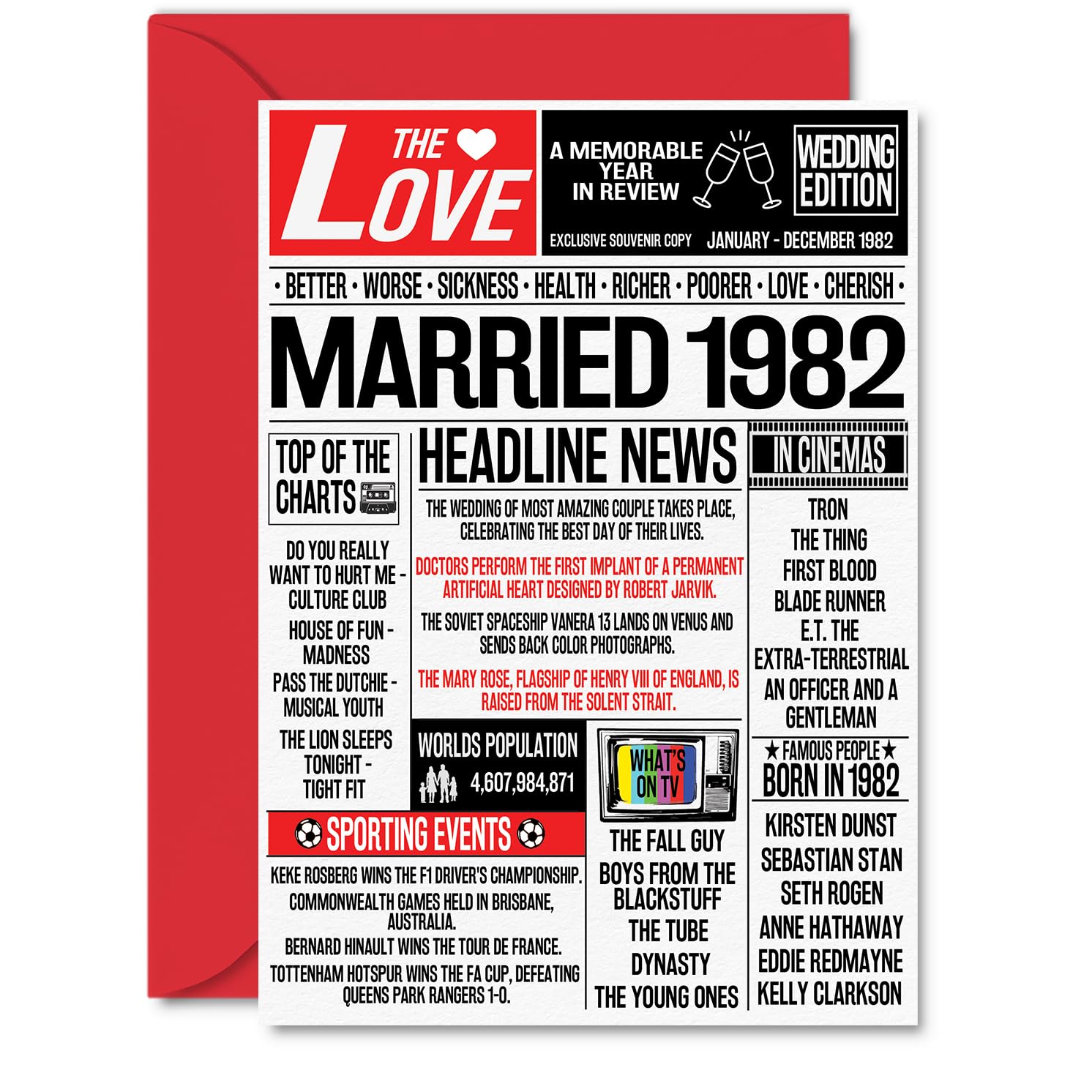 44th Anniversary Cards for Men Women - Married 1982 Newspaper - 44 Wedding Anniversary Card for Husband Wife Dad Mum Nan Grandad Vintage Retro 1982, A5 Greeting Cards