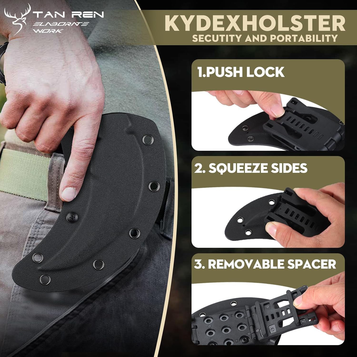 TAN REN Jagdmesser Feststehende Klinge, Outdoor Messer mit Kydex Scheide, Survival Messer D2 Stahl Pilzmesser für Picnic & BBQ Ideal Geschenk für Männer