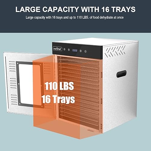 Miniatura 3 de NutriChef Máquina deshidratadora eléctrica comercial de alimentos, capacidad extra grande de 16 estantes, bandejas de acero inoxidable, 1500 vatios,
