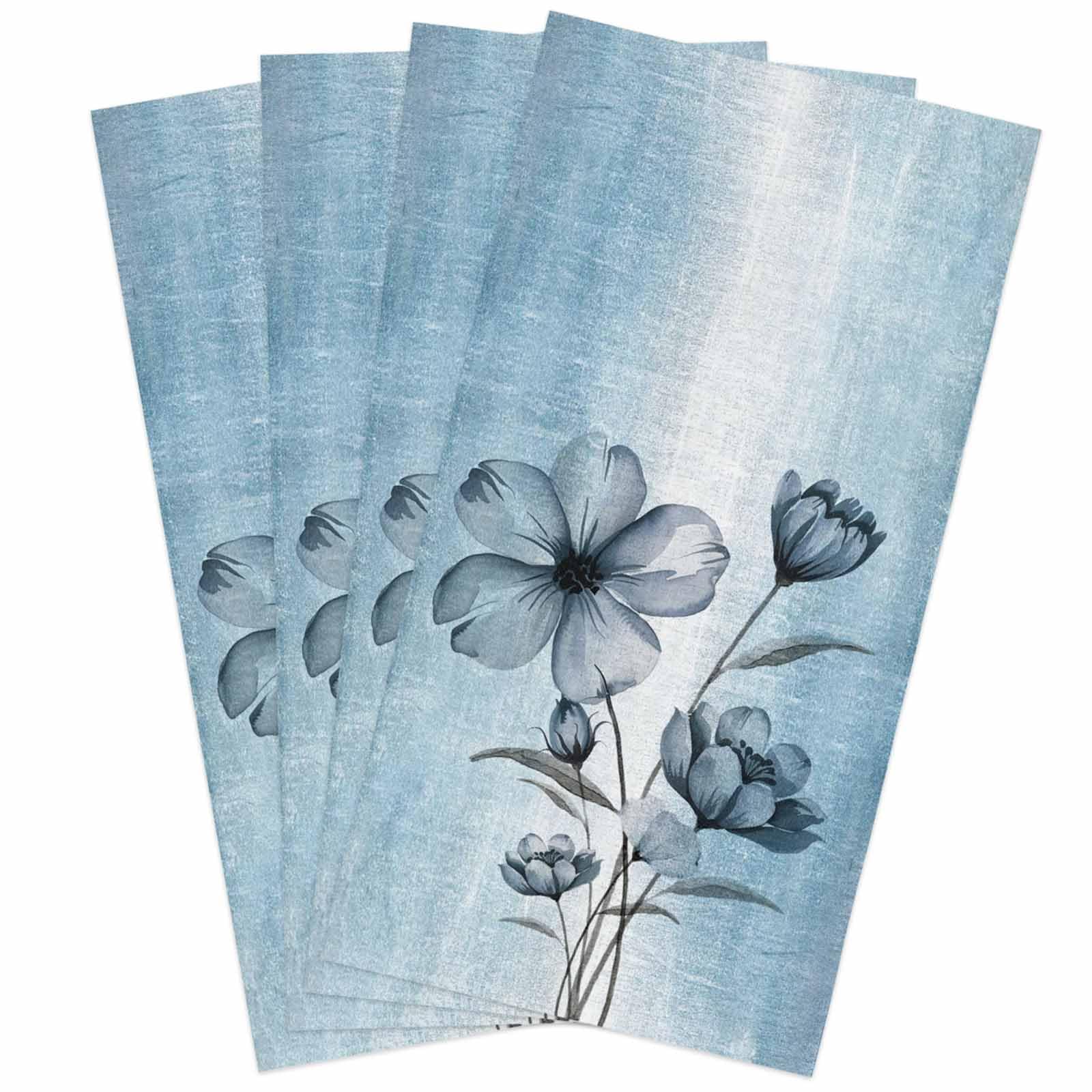 Spring Floral Kitchen Towels, Blue Ombre 18x28 Inch Soft Kitchen Dish Cloth, Retro Flowers Home Decor Cotton Linen Tea Towels/Bar Towels/Hand Towels 4 PCS