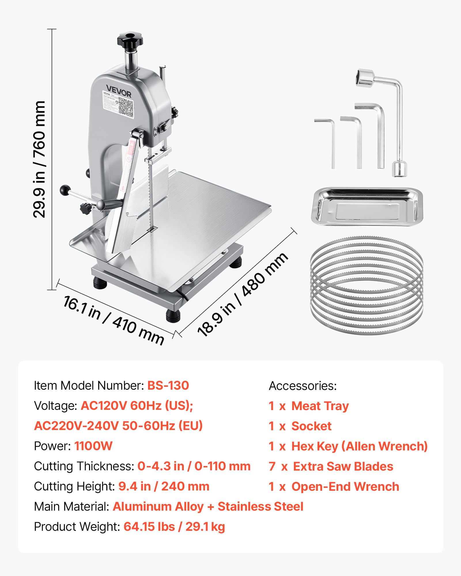 VEVOR Elektrische Fleischbandsäge 1100 W, Knochenschneidemaschine mit Arbeitsfläche (315 x 460 mm), Schnittstärke (0-110 mm) und 7 zusätzliche Ersatzklingen, für Gefrorenem Fleisch, Schweinefleisch