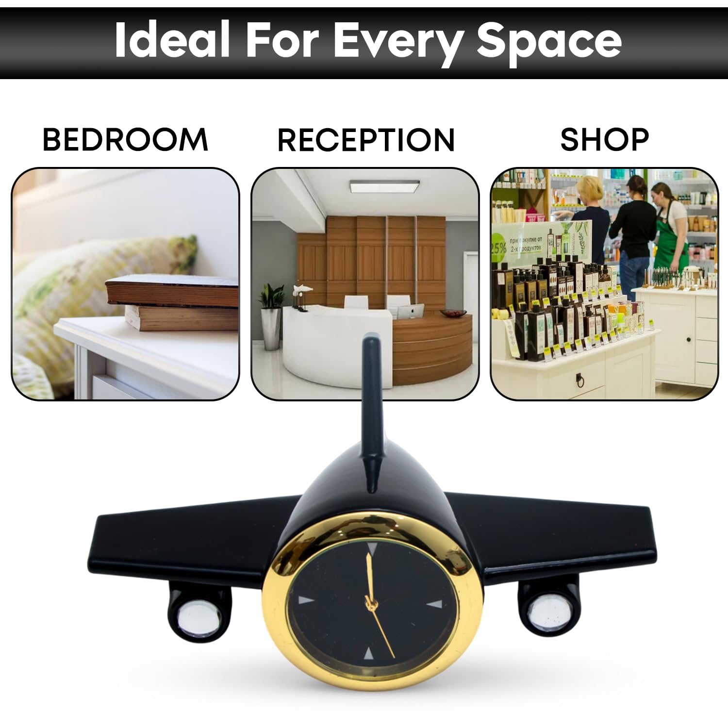 ZAHEPA Metal Aeroplane Miniature Analog Table Clock | Retro Aircraft Model Desk Watch for Office & Study Table | Stylish Home Decor Gift for Living Room | Corporate Gifting Idea (Black) 4