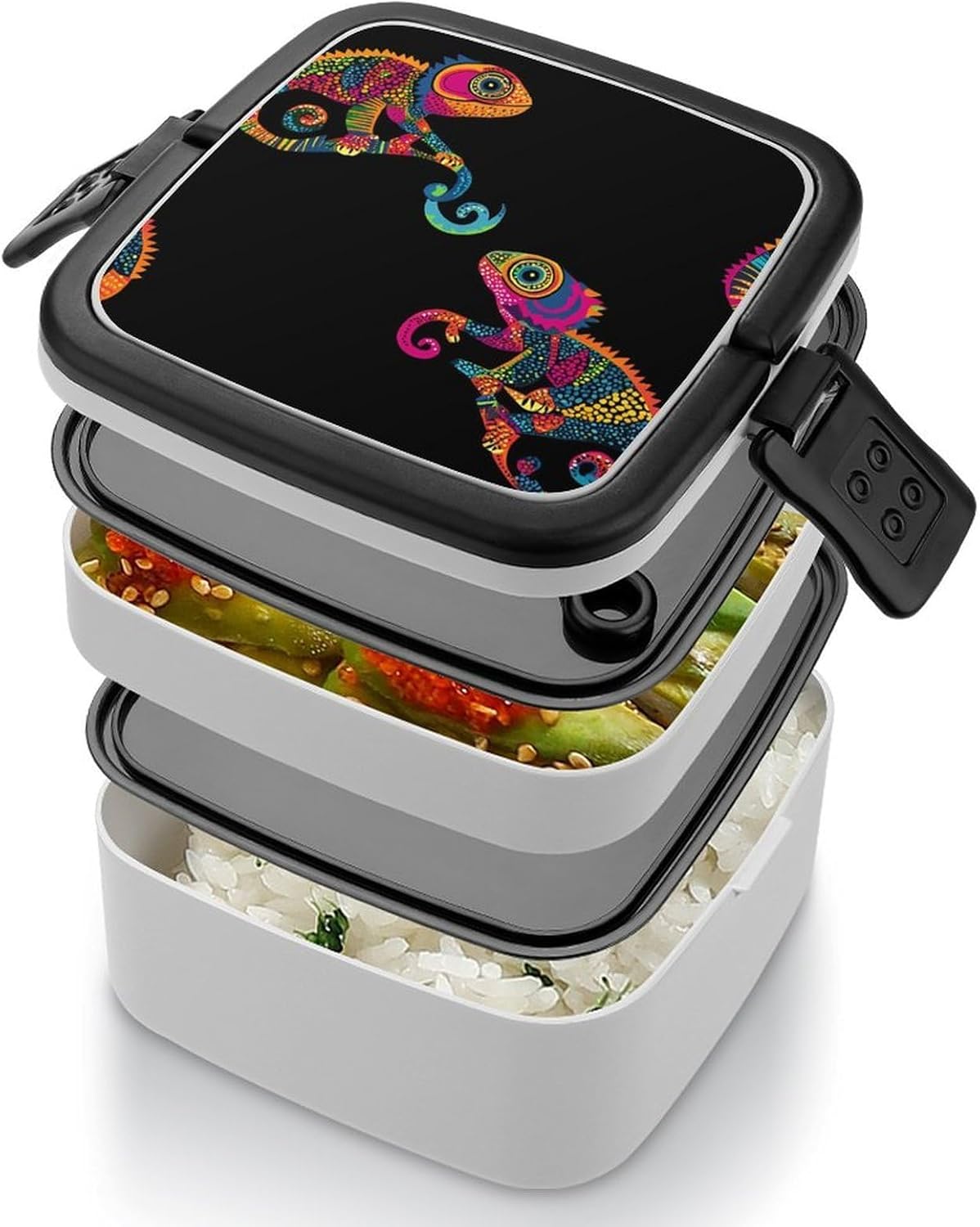 Chameleon Bento Box with Spoon 2 Layer Food Container Cute Lunch Box for Travel Dining Work