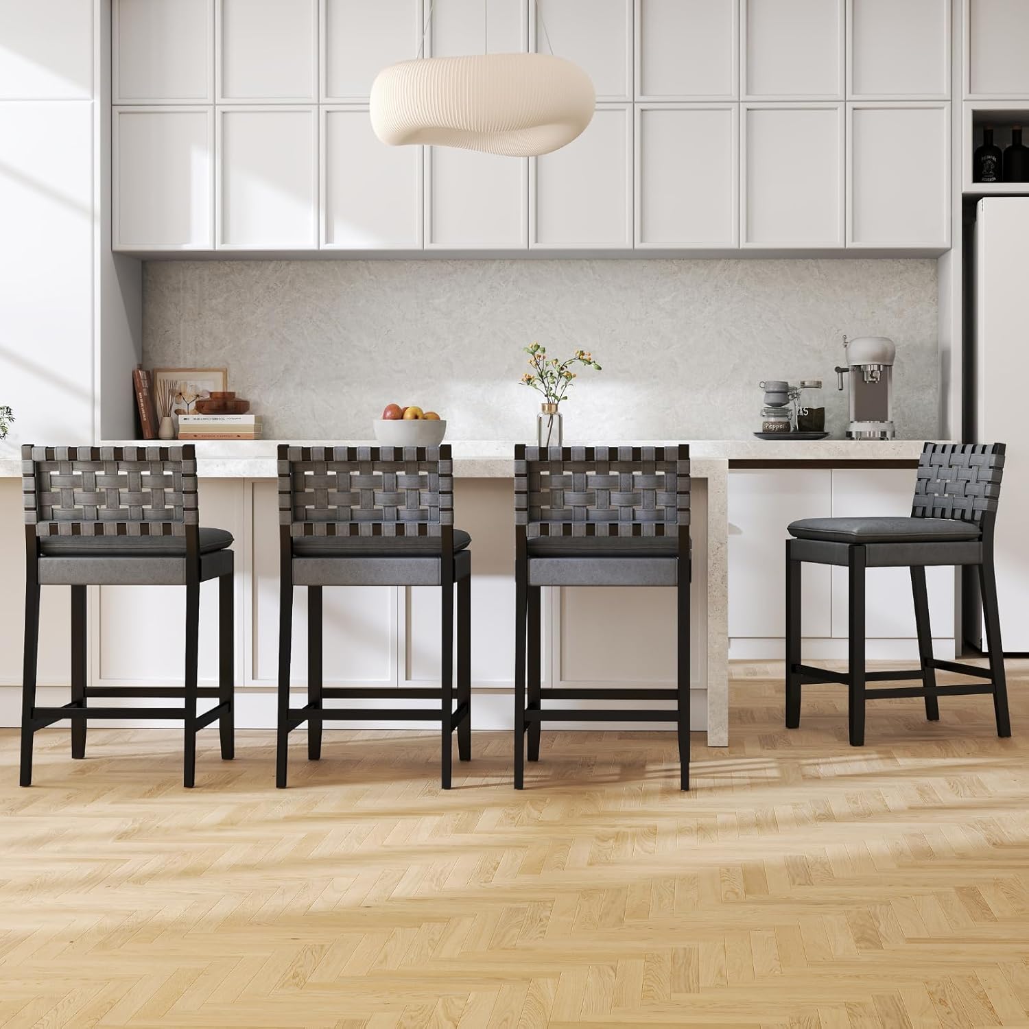 RIVOVA 26 Inch Modern Farmhouse Barstools Set of 6, Weave Wooden Counter Height Bar Stools with Woven Strips Back & Footrest, Dark Grey Leather Upholstered Bar Chairs for Kitchen Island, Pub, Indoor