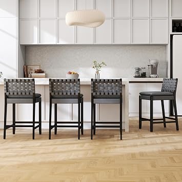 RIVOVA 26 Inch Modern Farmhouse Barstools Set of 4, Weave Wooden Counter Height Bar Stools with Woven Strips Back & Footrest, Dark Grey Leather Upholstered Bar Chairs for Kitchen Island, Pub, Indoor