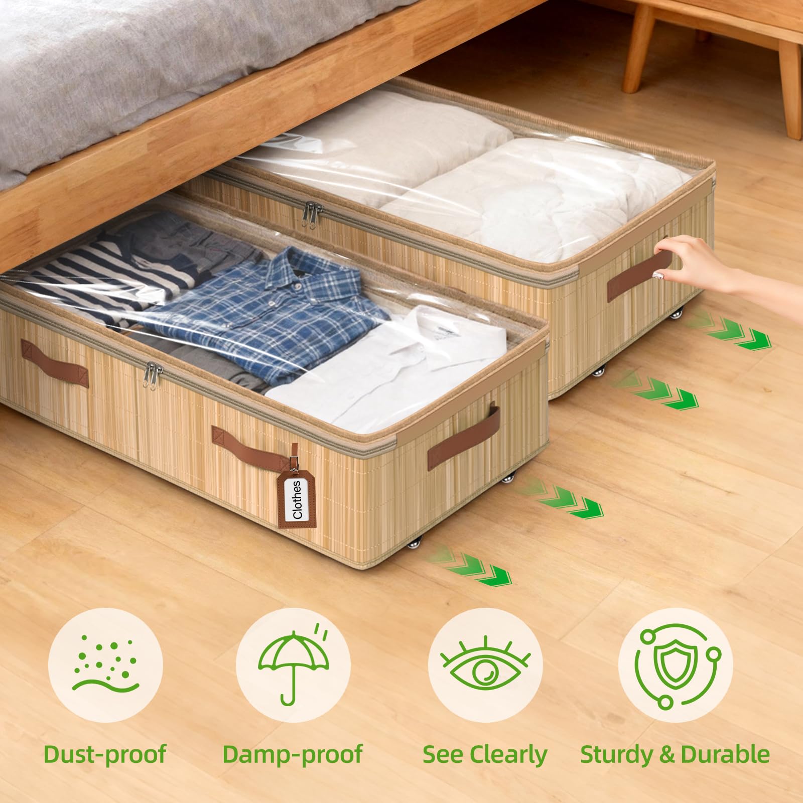 Livole Bambus-Unterbettkommode mit Rollen, 15 cm, 56 l, Unterbett-Aufbewahrungsbehälter mit transparentem Deckel und Etikett, rollbare Unterbett-Aufbewahrungsbehälter für Kleidung, Decken, Pullover
