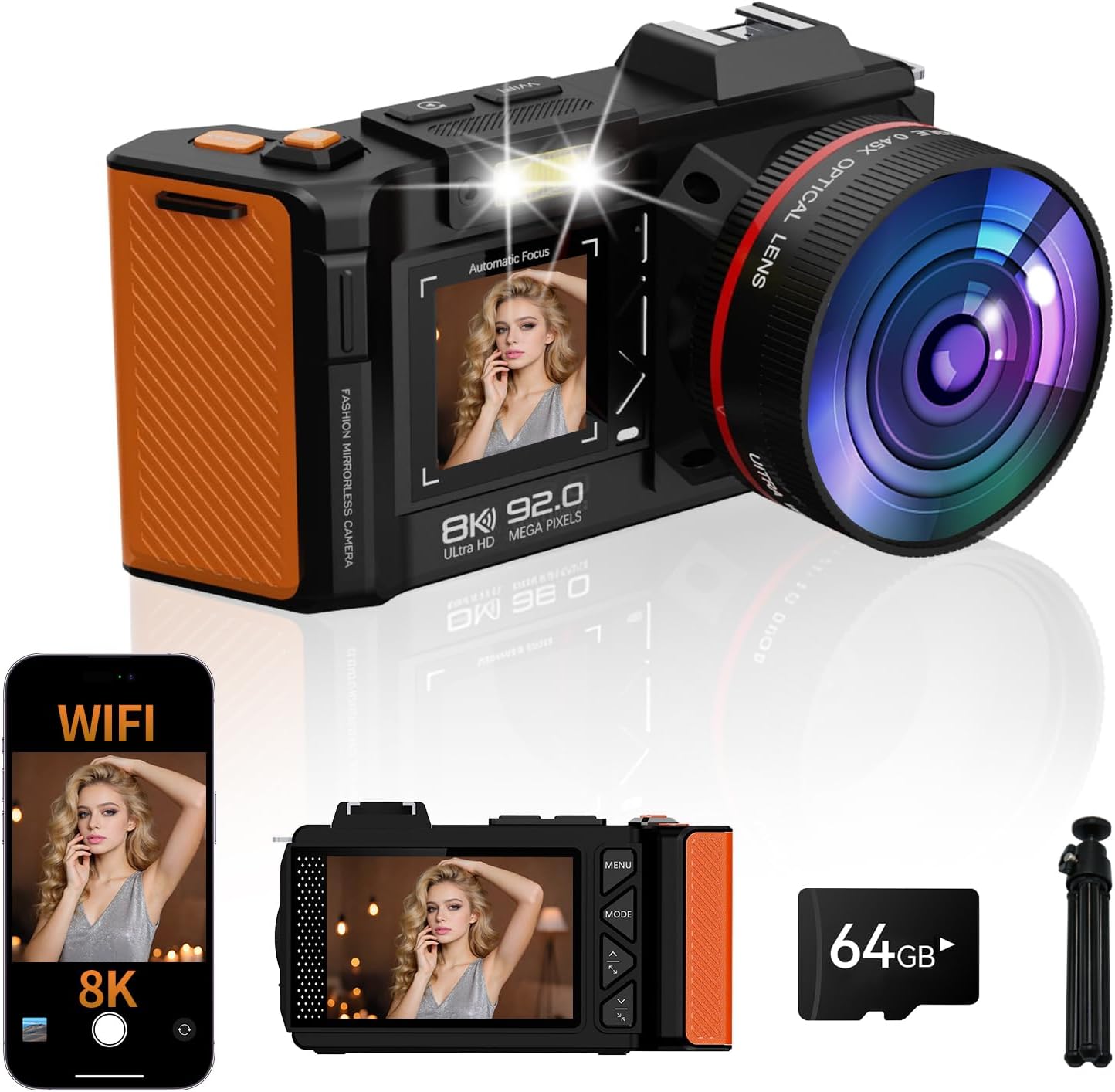 - 8K Digital Camera for Photography, 92MP WiFi Vlogging Camera for Front and Rear Screen, 18X Digital Zoom, Point and Shoot Camera for YouTube with 64GB SD Card (8K Black)