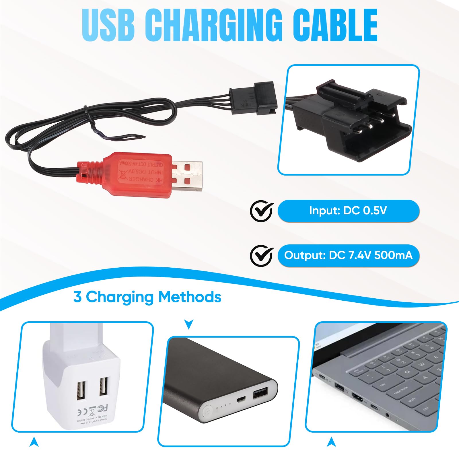 2PCS 7,4V 1500mAh Rechargeable Batterie(USB Câble de Charge & SM-4P Prise) Compatible avec EC08 Modèles de Voitures Télécommandées (Véhicules Tout-Terrain, Motos Course, Bateaux Drift)