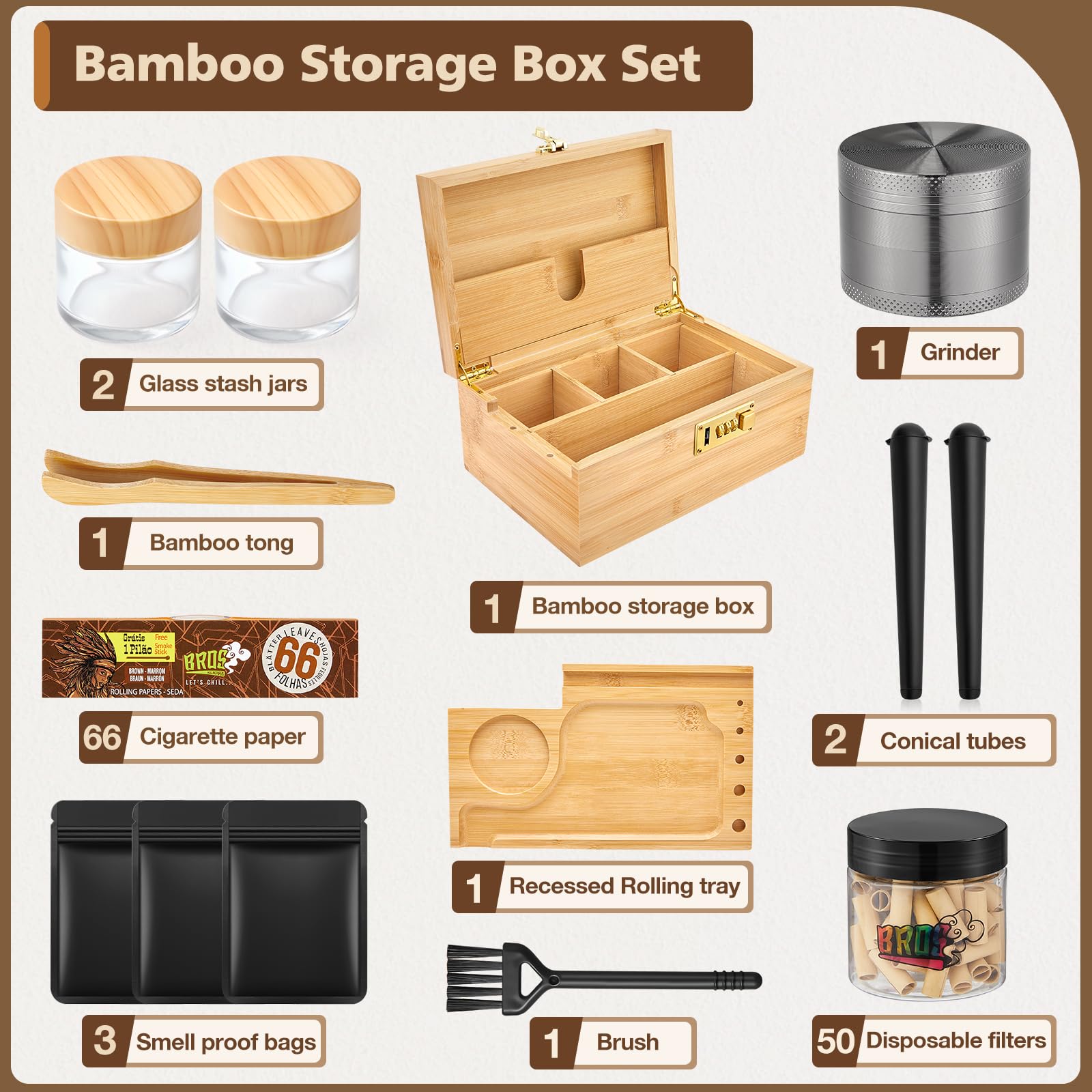 Groß Bambus Aufbewahrungsbox Set mit Zahlenschloss, Bambusbox mit Abnehmbares Rolltablett, Grinder, 2 Glasbehälter und Pinsel, Holz Stash Box mit 2 Konische Röhrchen, Alle Zubehör