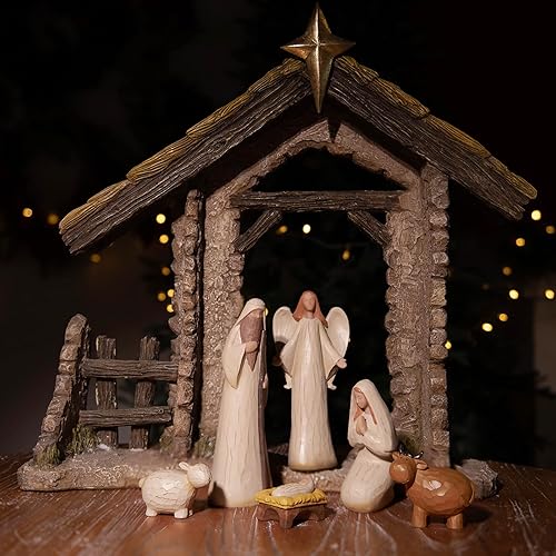 Miniatura 2 de Juego de Belén para Navidad en interiores, juego de 6 piezas de Belén esculpido pintado a mano, figuras de Navidad de resina coleccionable,