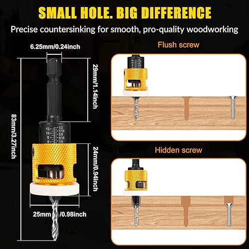 Miniatura 5 de Juego de 5 brocas avellanadoras para taladro, tope de profundidad de fricción baja, taladro de 18 964 pulgadas 532 pulgadas + orificio contador de