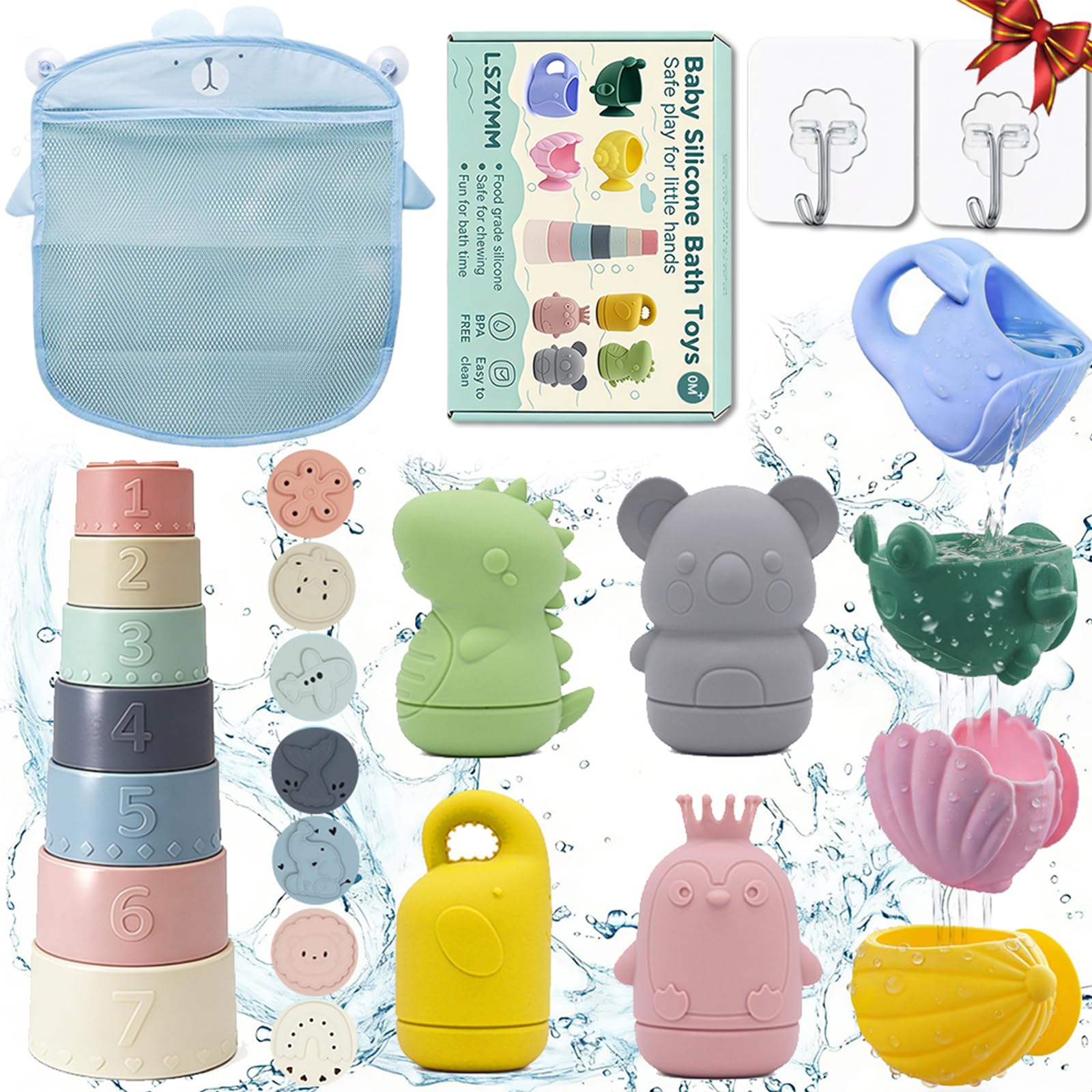 Jouets de Bain Bébé Silicone 0+ Ans,Set Silicone Alimentaire, Gobelets Empilables Sensoriels, Animaux Aspergeurs à Ventouse, Jeux de Bain Jouets de Douche de Bébé Jouet Piscine Jouets Flottants