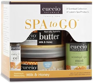 Cuccio Milk & Honey 4-Piece Spa To Go Kit: Nourishing Cuticle Oil, Body Butter, Sea Salt Scrub & Spa Mist for Hydrated Skin