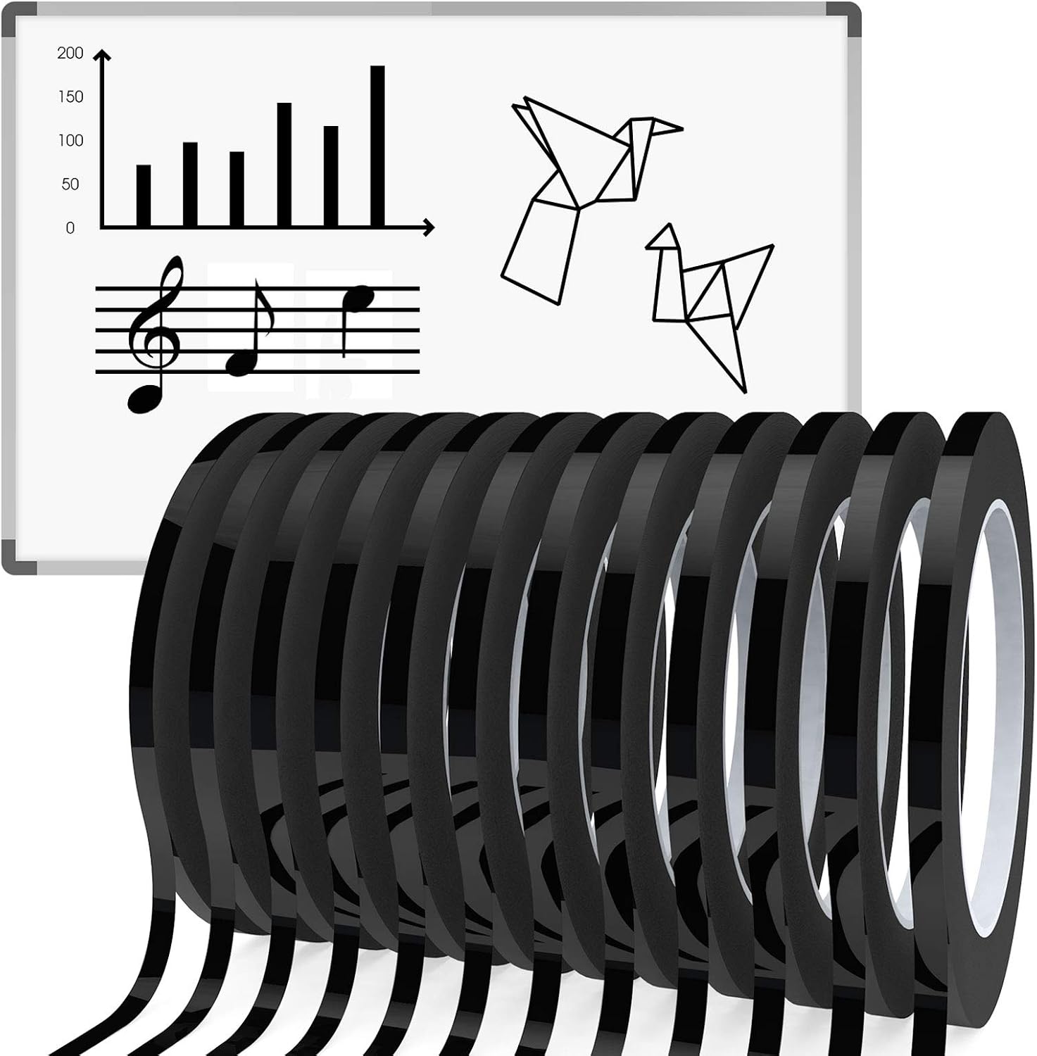HULISEN 12 Pcs 5mm Width Black Whiteboard Gridding Tape, 3/16 inch Grid Marking Tapes Self Adhesive Chart Artist Tape