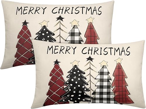 Juego de 2 fundas decorativas de cojín lumbar de 12 x 20 pulgadas, diseño de cuadros blancos y negros, con diseño de árboles rojos de Navidad, para