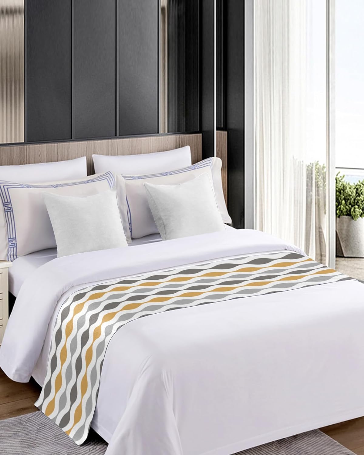 Bed Runner Scarf, Mid-Century Modern Geometric Yellow Gray Pattern King Bed Scarf Runner, No Fading Decorative Bedding Scarf for Bedroom Hotels Homes and Guestrooms